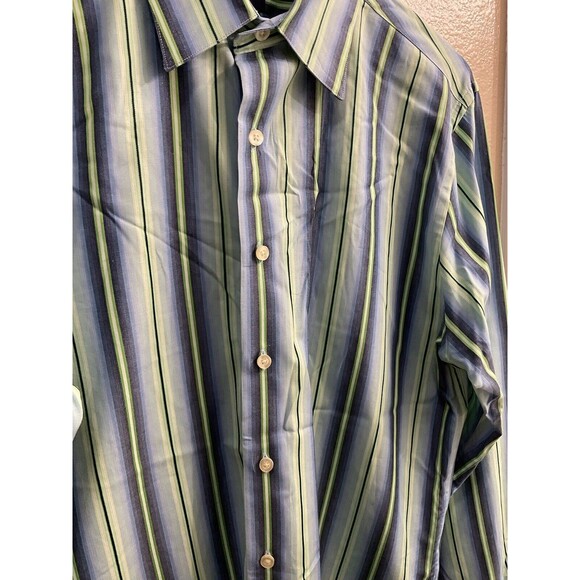 Gap Fitted Premium Mens M 15-15 1/2 Blue Green Striped Long Sleeve Button Up U - Picture 5 of 7